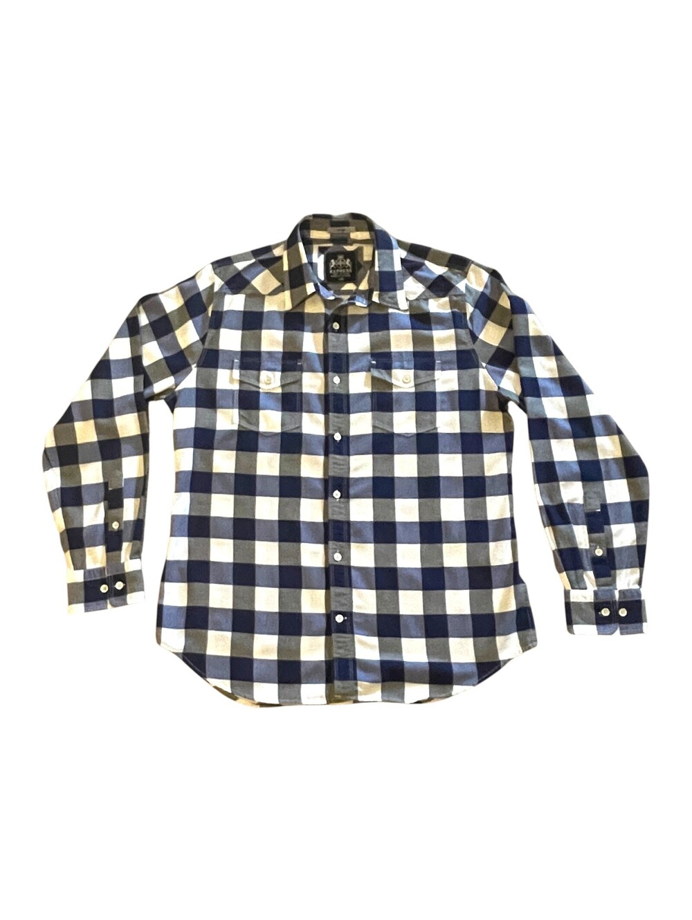 Express Men's Plaid LG Fitted Shirt Navy Buffalo Check CLEAN